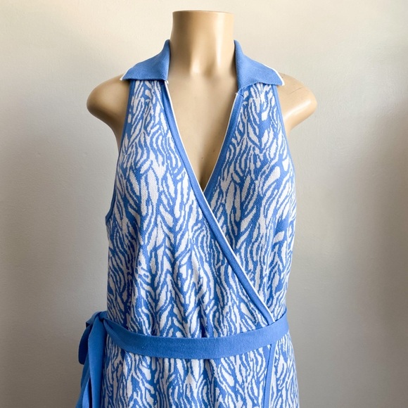 Diane von Furstenberg Collared Midi Wrap Floral Blue White Sweater Dress XL - Picture 11 of 14